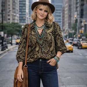 💚Zara Paisley Print Puff-Sleeve Button-Down Blouse – Size Large